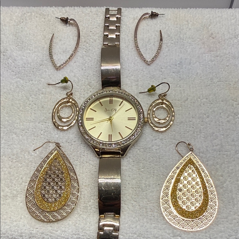Gold Tone Women's Watch and Earring Set